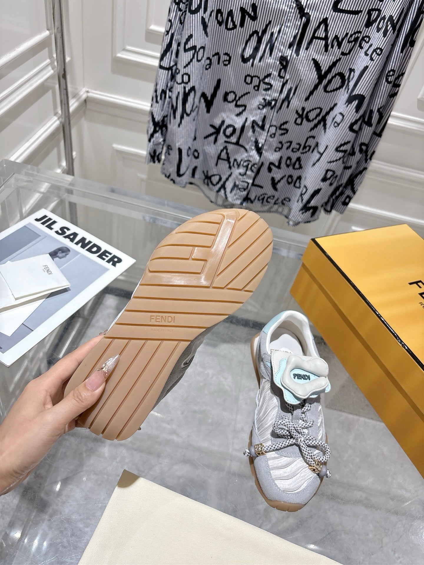 FENDI 26S SNEAKERS IN GREY FABRIC AND SUEDE
