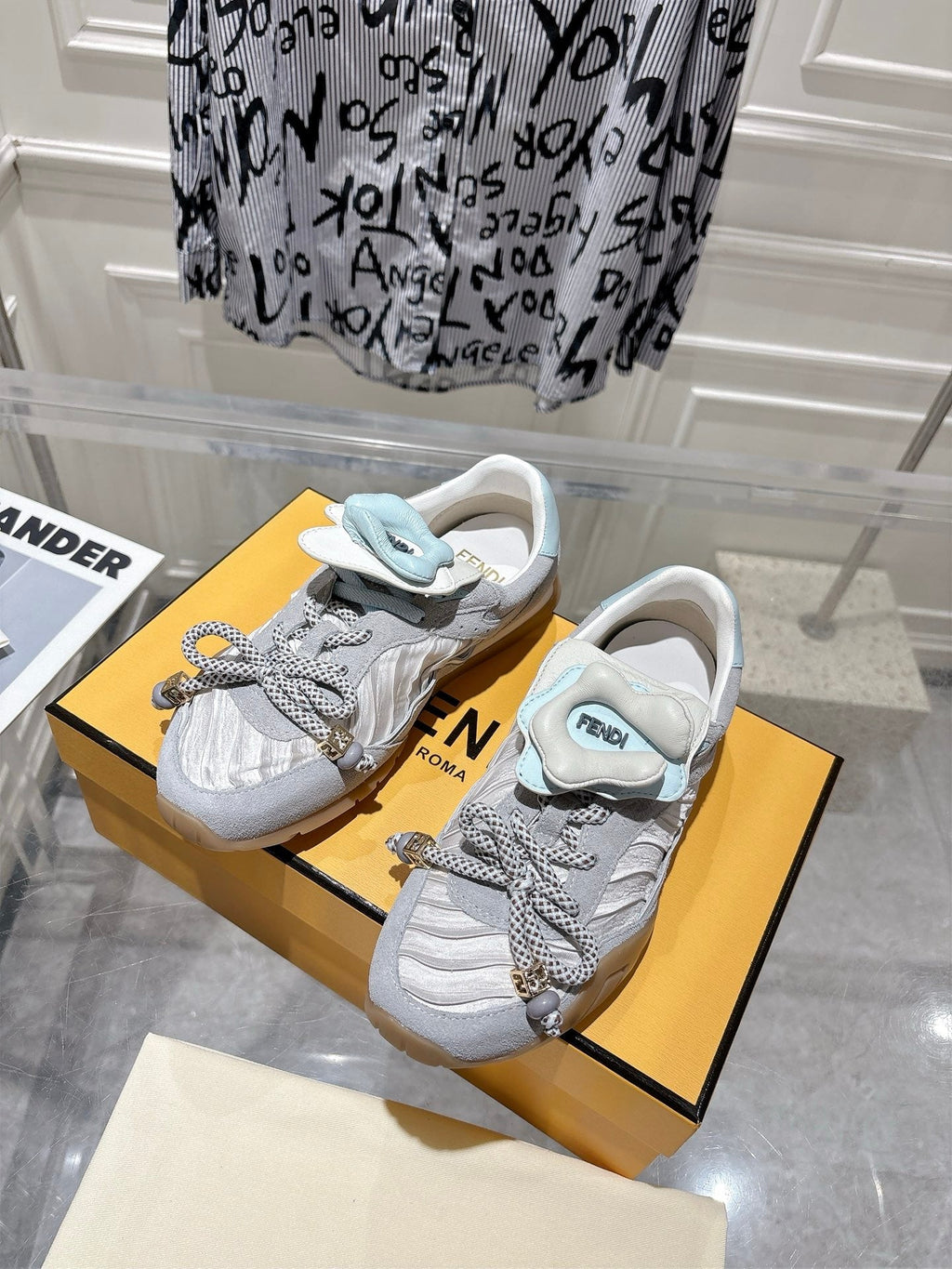 FENDI 26S SNEAKERS IN GREY FABRIC AND SUEDE