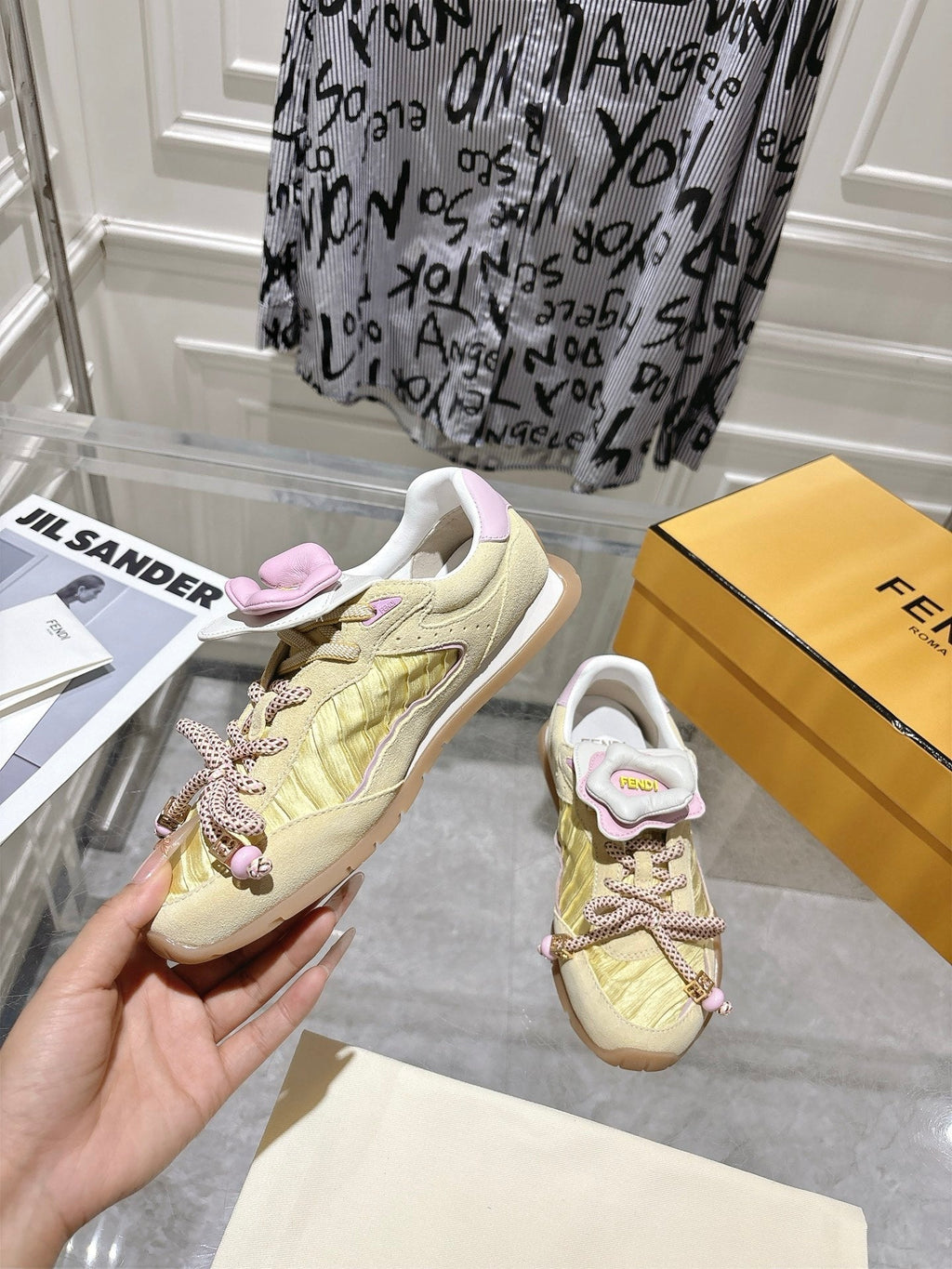 FENDI 26S SNEAKERS IN LIGHT YELLOW FABRIC AND SUEDE