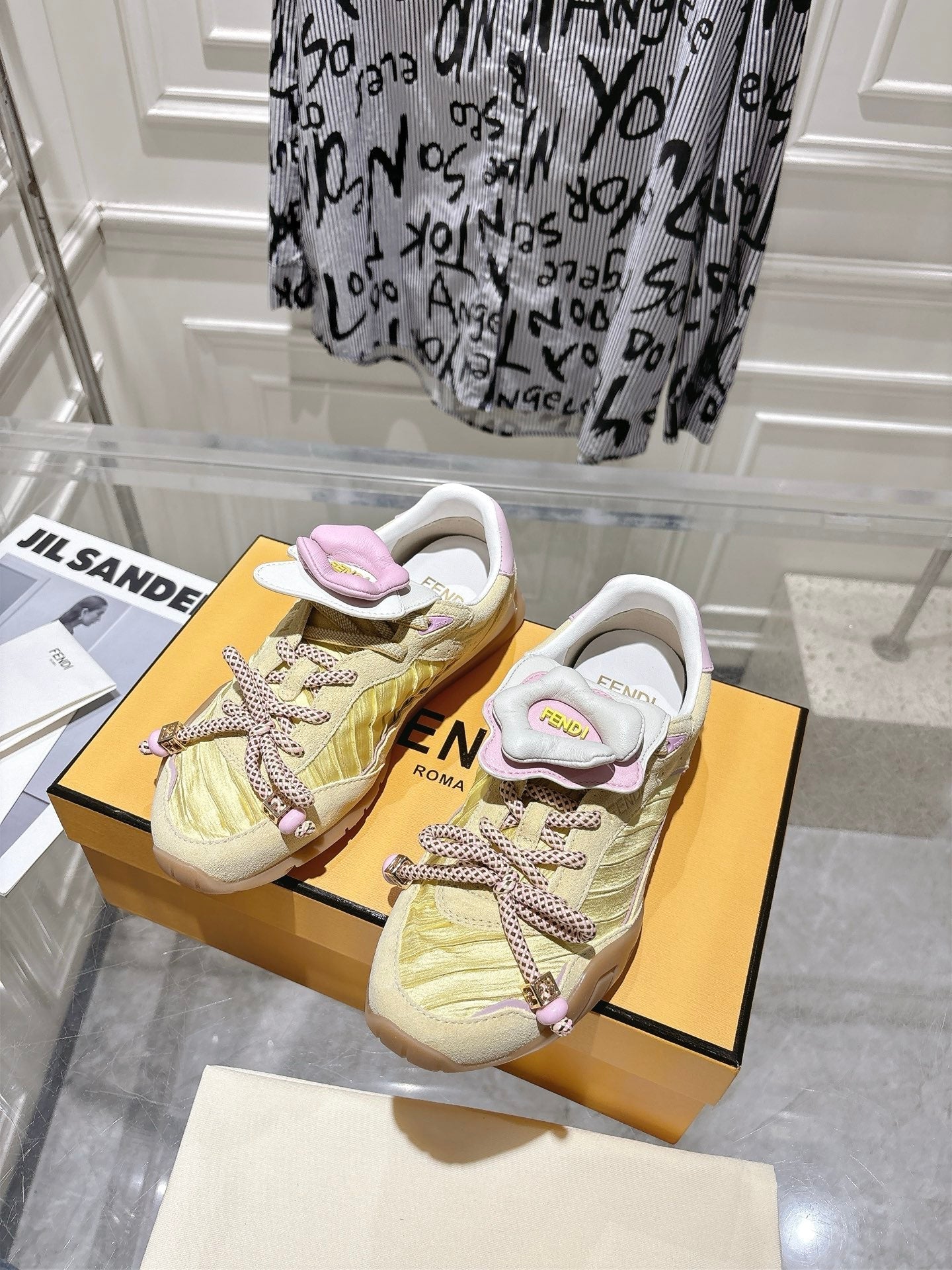 FENDI 26S SNEAKERS IN LIGHT YELLOW FABRIC AND SUEDE