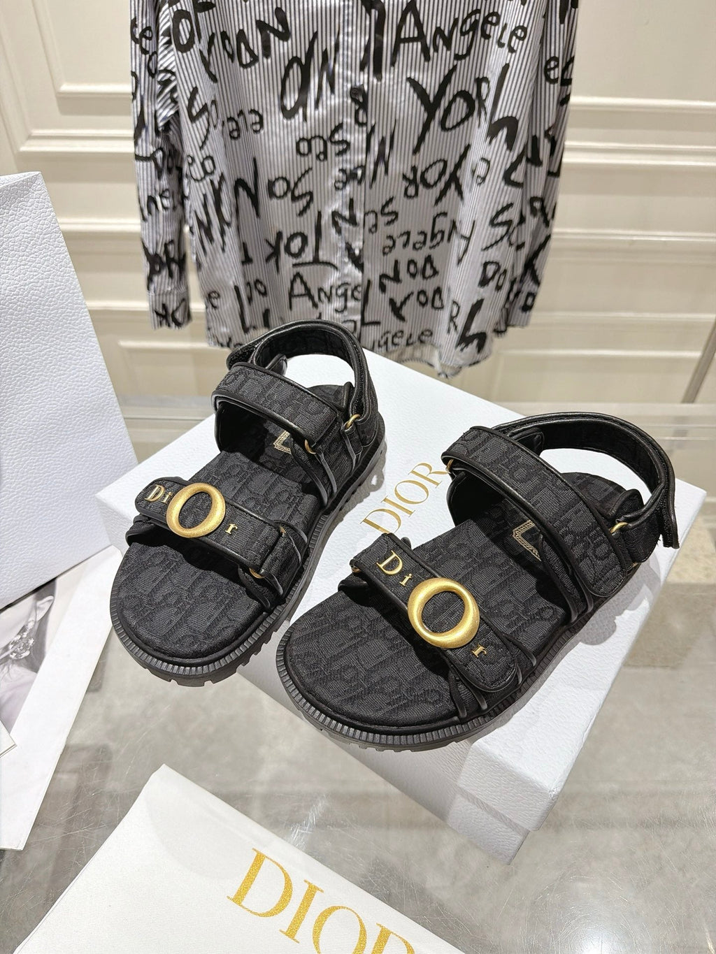 DIOR 26S VELCRO SANDALS IN BLACK OBLIQUE CANVAS