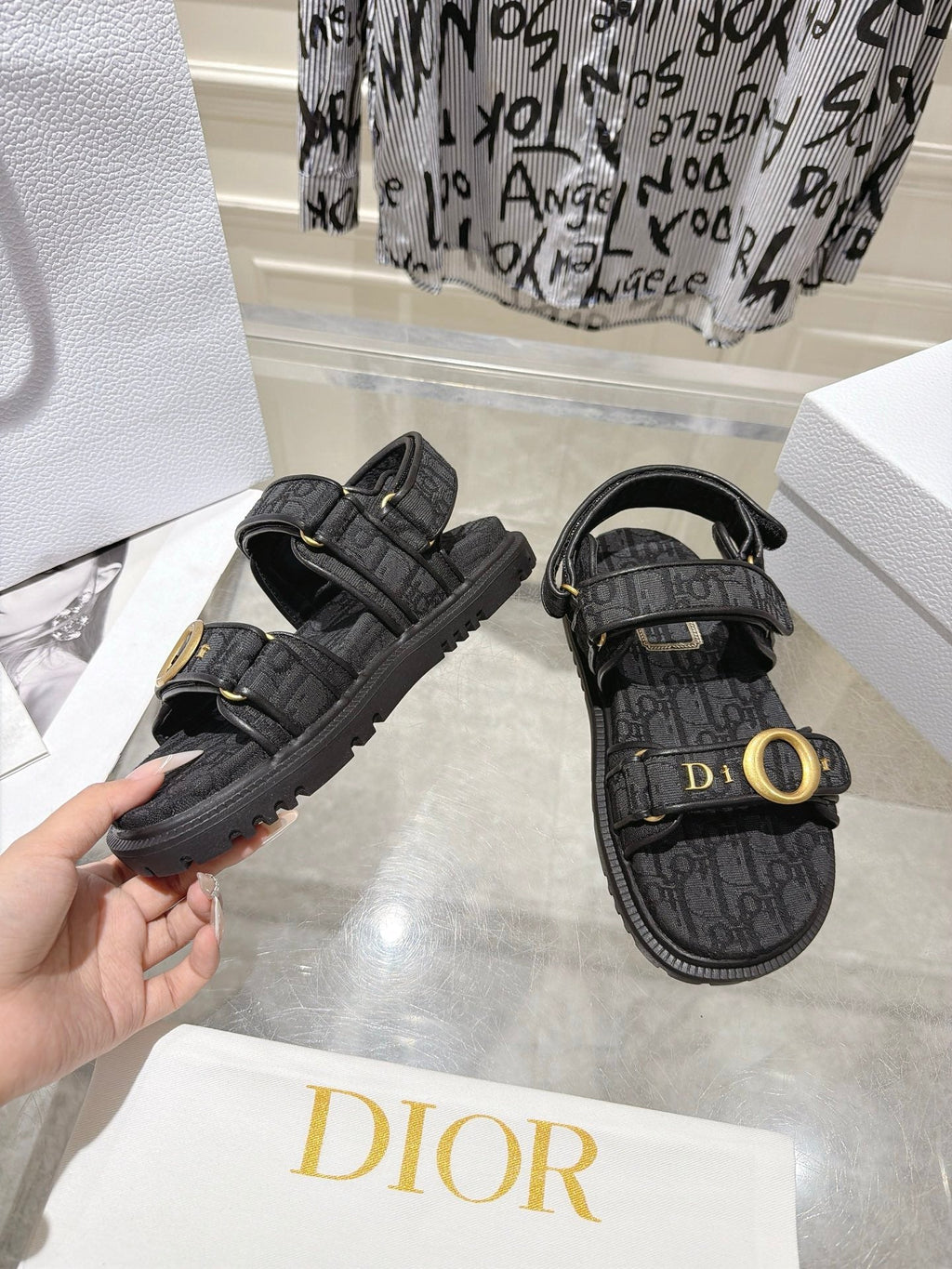 DIOR 26S VELCRO SANDALS IN BLACK OBLIQUE CANVAS