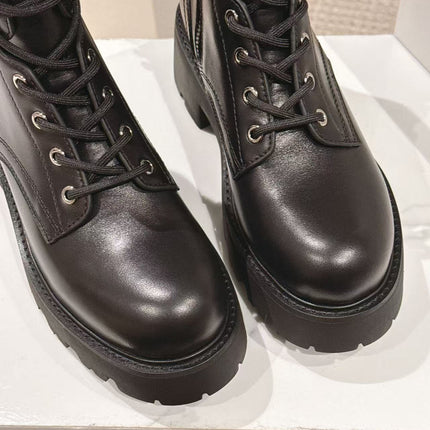CELINE 25S HIGH HEELED LACE UP BOOTS 50MM IN BLACK CALFSKIN