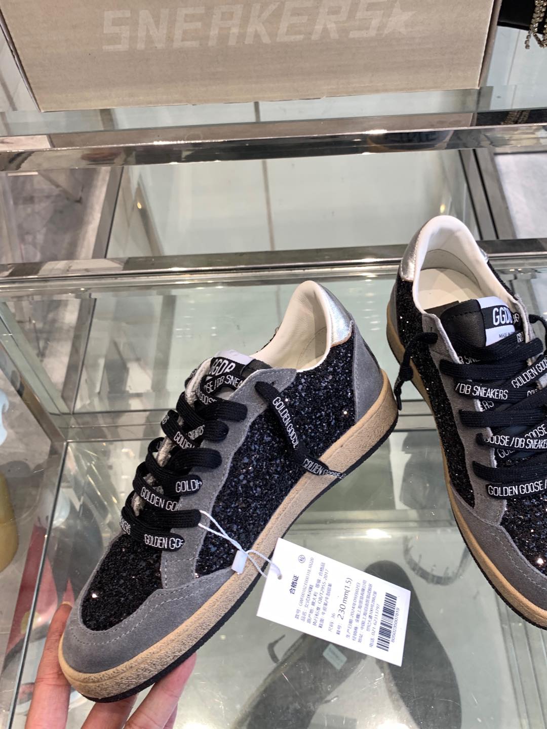 BALL STAR SNEAKERS WITH WHITE STAR IN BLACK GLITTER AND GRAY SUEDE