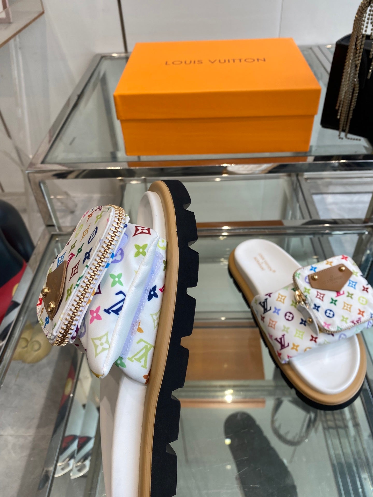 LV x TAKASHI MURAKAMI SLIDES IN MULTICOLOR FABRIC WITH ZIP POCKET STRAP