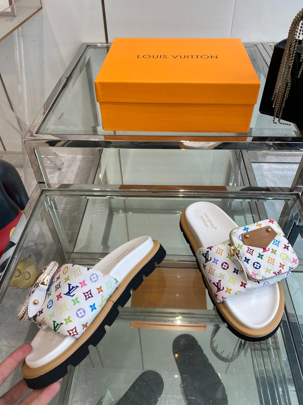 LV x TAKASHI MURAKAMI SLIDES IN MULTICOLOR FABRIC WITH ZIP POCKET STRAP