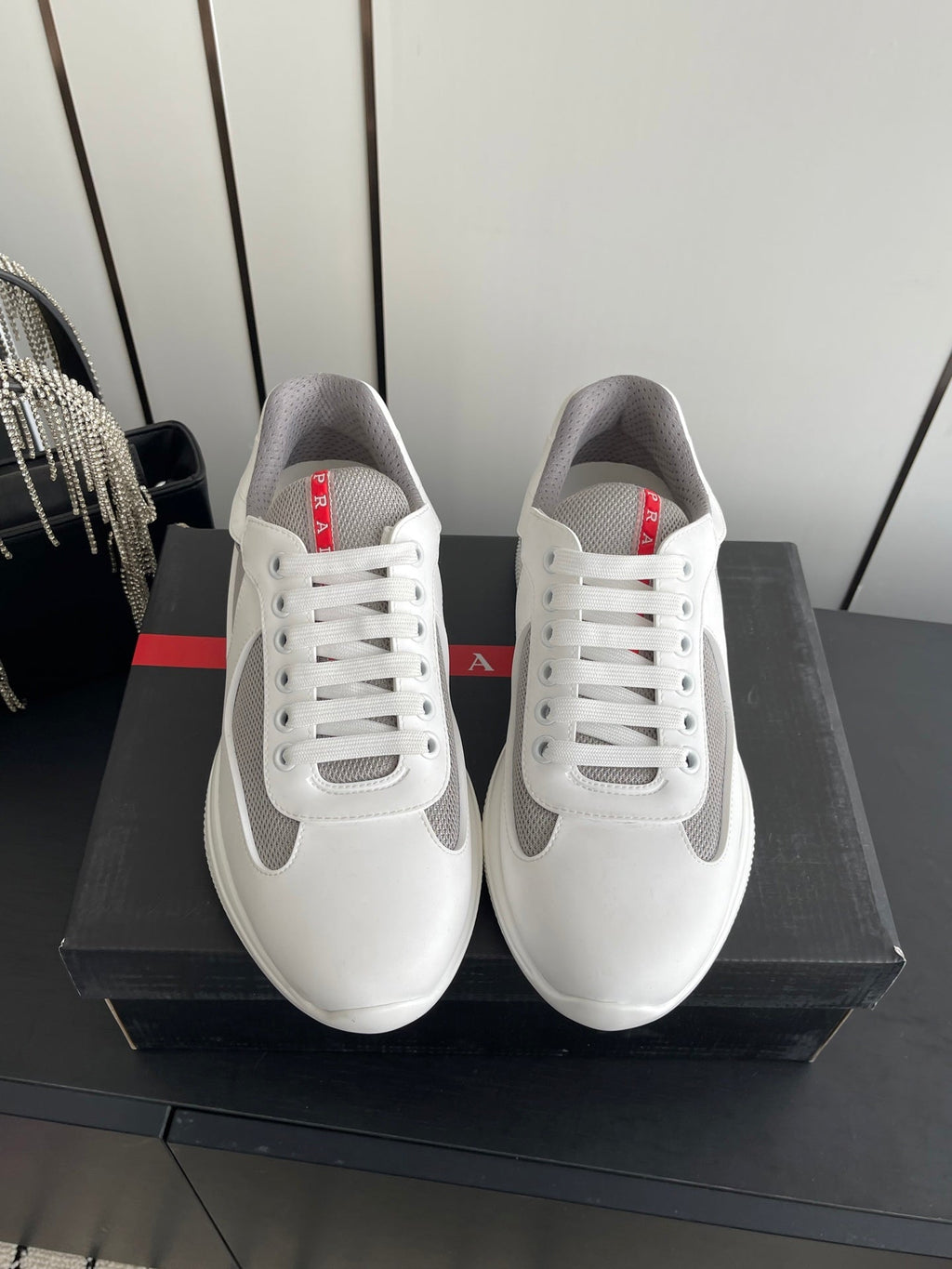 PRADA 26S AMERICA CUP SNEAKERS IN WHITE SOFT RUBBER AND BIKE FABRIC