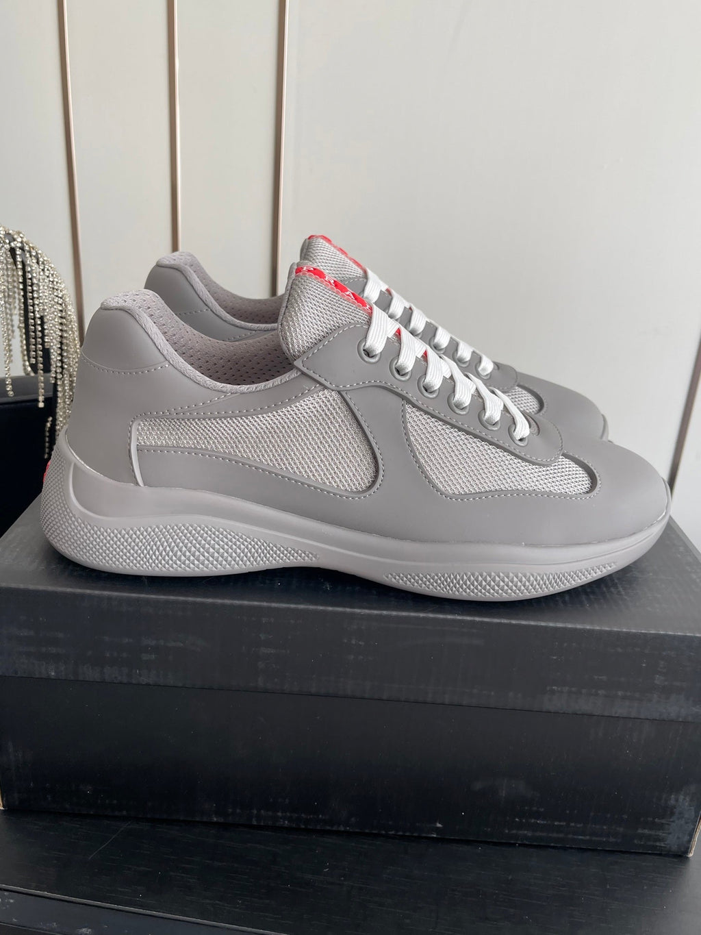 PRADA 26S AMERICA CUP SNEAKERS IN COOL GRAY SOFT RUBBER AND BIKE FABRIC