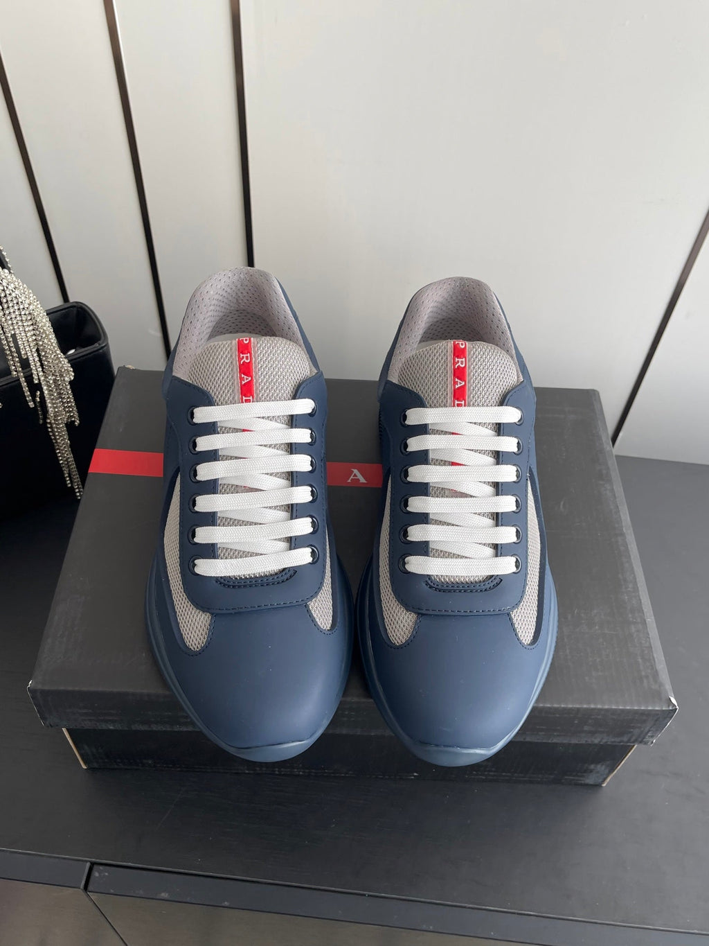 PRADA 26S AMERICA CUP SNEAKERS IN SLATE BLUE SOFT RUBBER AND BIKE FABRIC