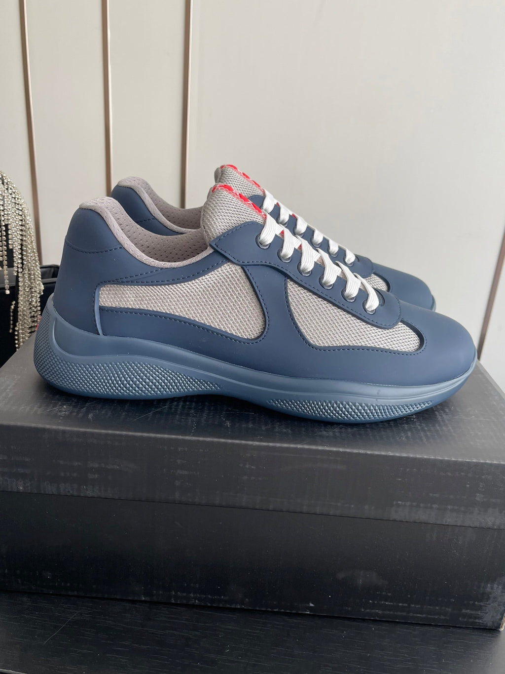 PRADA 26S AMERICA CUP SNEAKERS IN SLATE BLUE SOFT RUBBER AND BIKE FABRIC