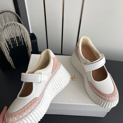 CHLOE 26S MARY JANE SNEAKERS IN WHITE CALFSKIN MIX LIGHT PINK SUEDE