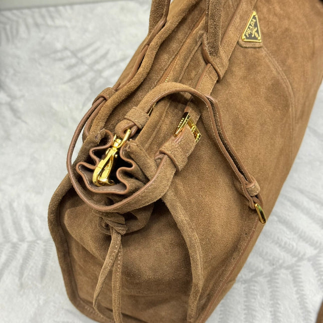 TOTE BAG WITH BELT 42 IN RUSSET BROWN SUEDE GOLD HARDWARE