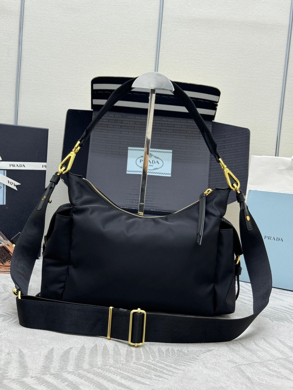 PRADA 25S EXPLORE LARGE RE-NYLON SHOULDER BAG 32 IN BLACK WITH FLAP