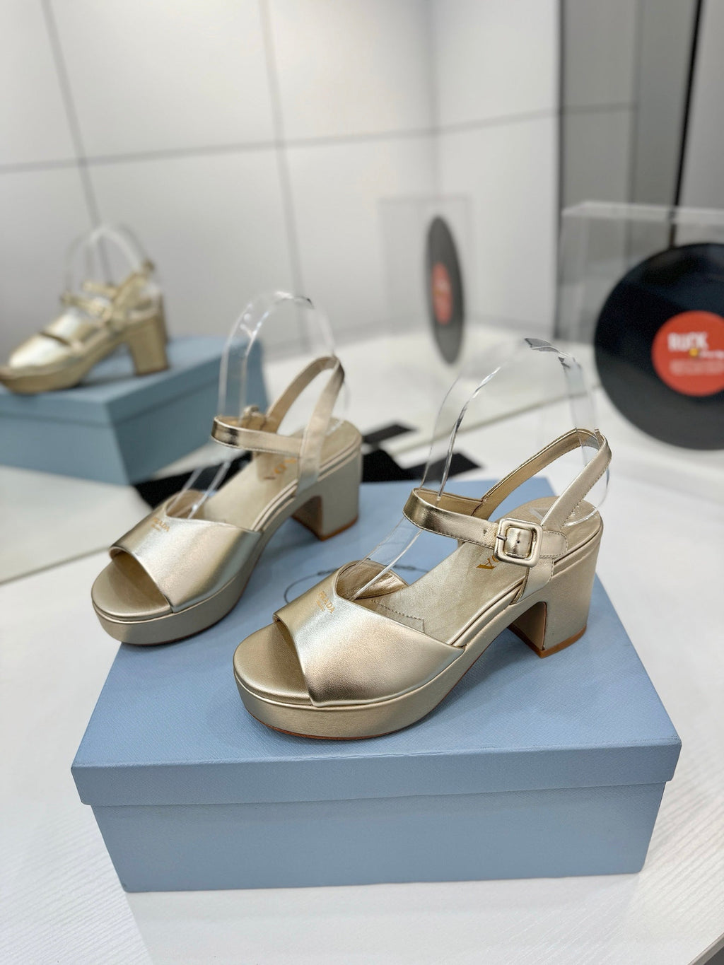 PRADA 26S HEELED SANDALS 70MM IN GOLD CALFSKIN