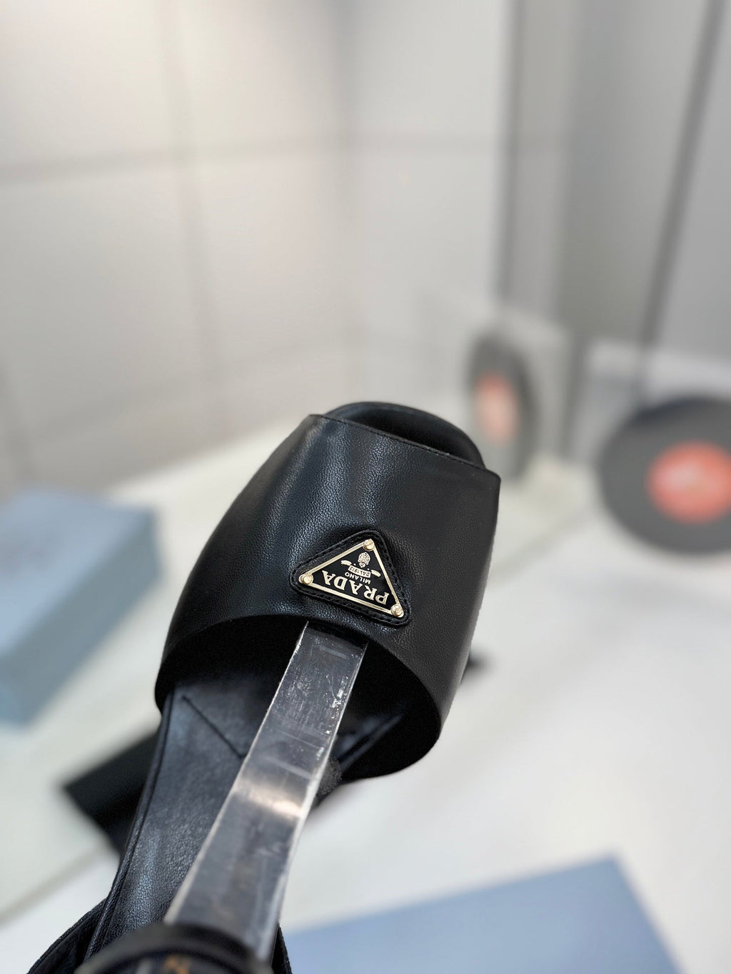 PRADA 26S HEELED SANDALS 115MM IN BLACK CALFSKIN WITH LOGO