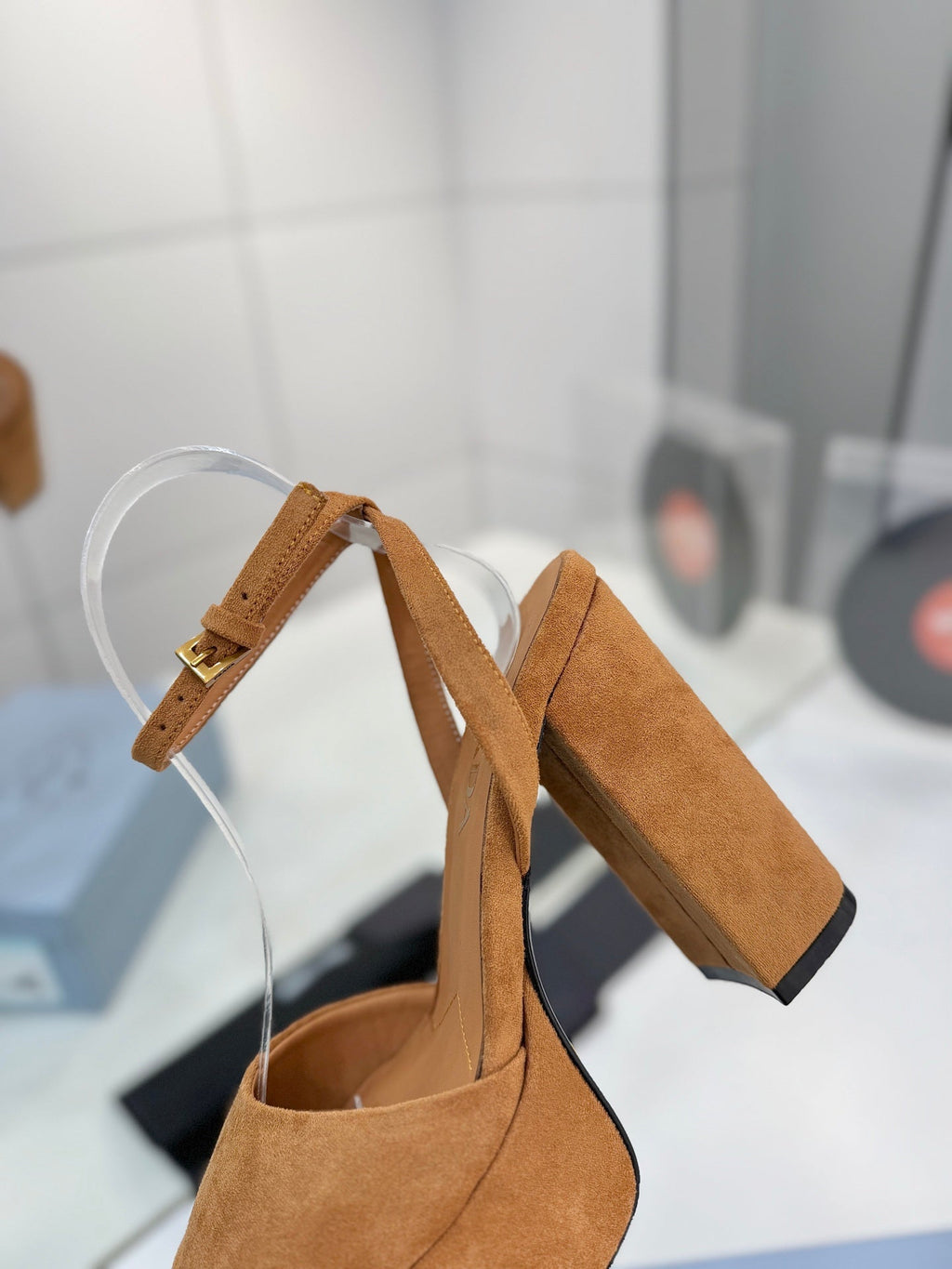 PRADA 26S HEELED SANDALS 115MM IN CARAMEL BROWN SUEDE