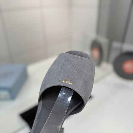 PRADA 26S HEELED SANDALS 115MM IN GRAY SUEDE