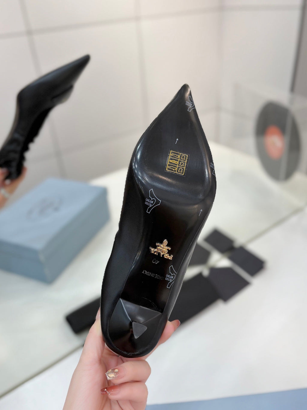 PRADA 26S PUMPS 55MM IN BLACK CALFSKIN WITH LOGO