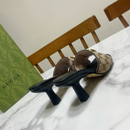 GUCCI 26S HEELED SLIDES 75 MM IN SAND BROWN CANVAS AND BLACK LAMBSKIN