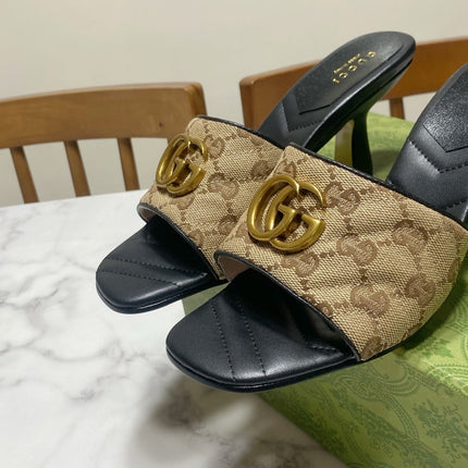 GUCCI 26S HEELED SLIDES 75 MM IN SAND BROWN CANVAS AND BLACK LAMBSKIN