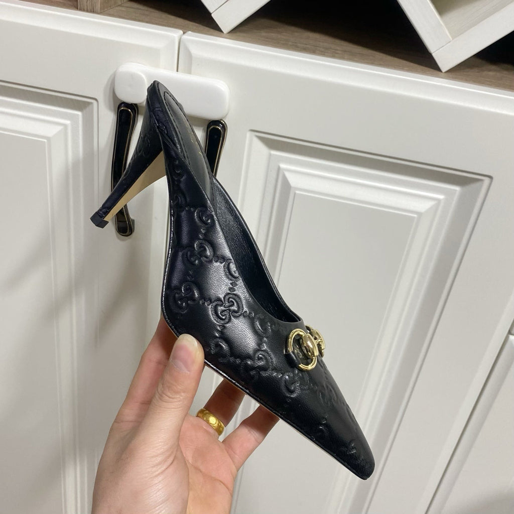 GUCCI 26S HEELED MULES 85 MM IN BLACK CALFSKIN