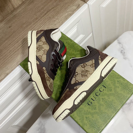 GUCCI 26S RE-WEB TRAINER SNEAKERS IN BROWN CALFSKIN AND BEIGE CANVAS