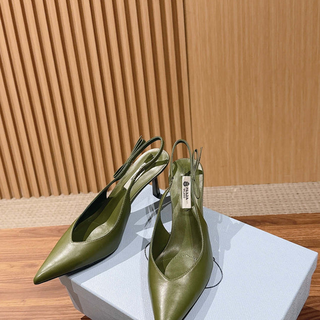 PRADA 26S SLINGBACK PUMPS IN OLIVE GREEN CALFSKIN