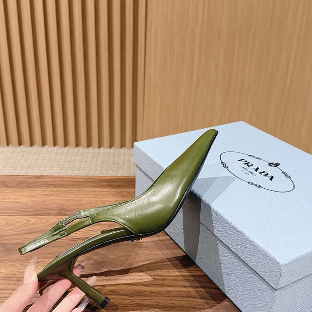 PRADA 26S SLINGBACK PUMPS IN OLIVE GREEN CALFSKIN