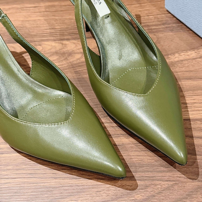 PRADA 26S SLINGBACK PUMPS IN OLIVE GREEN CALFSKIN