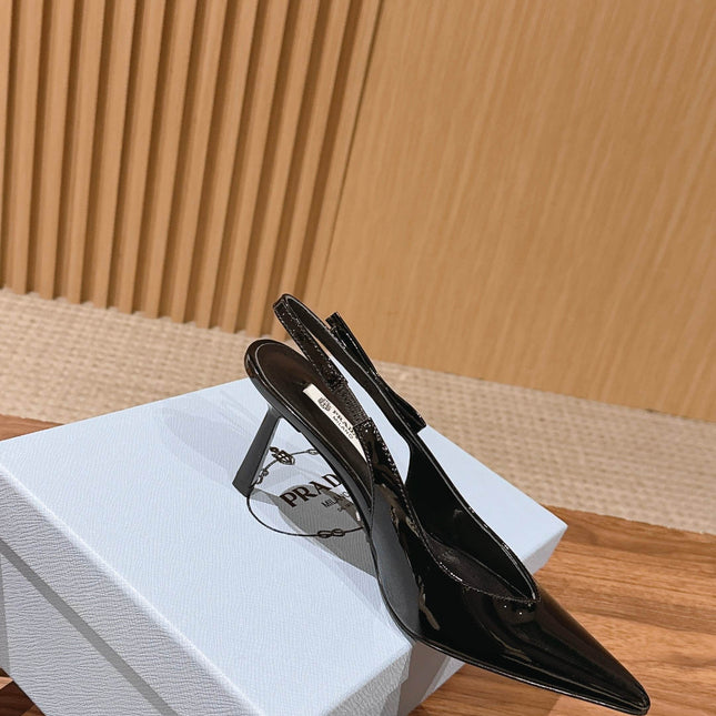 PRADA 26S SLINGBACK PUMPS IN BLACK PATENT CALFSKIN