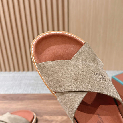 LP 26S CROSS STRAP SLIDES SANDAL IN OLIVE BROWN SUEDE