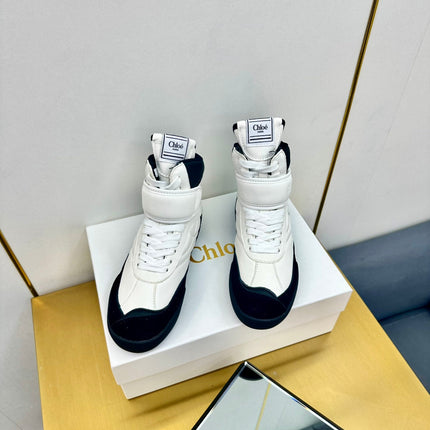 CHLOE 26S HIGH-TOP SKATE SNEAKERS IN WHITE CALFSKIN AND BLACK SUEDE