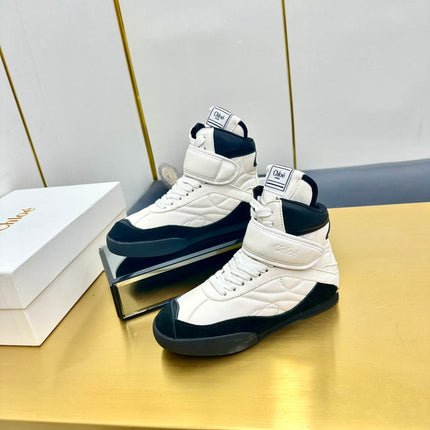 CHLOE 26S HIGH-TOP SKATE SNEAKERS IN WHITE CALFSKIN AND BLACK SUEDE