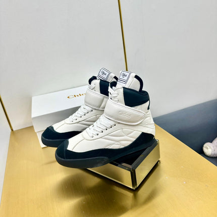 CHLOE 26S HIGH-TOP SKATE SNEAKERS IN WHITE CALFSKIN AND BLACK SUEDE