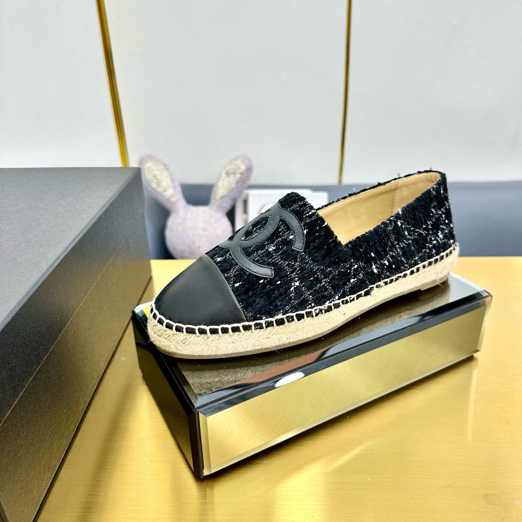 CC ESPADRILLES PLATFORM 25S IN BLACK TWEED AND LAMBSKIN WITH WHITE STRIPES