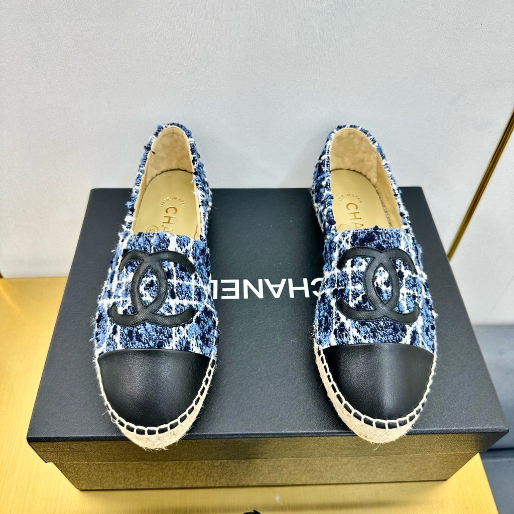 CC ESPADRILLES PLATFORM 25S IN BLUE TWEED MIX BLACK CALFSKIN