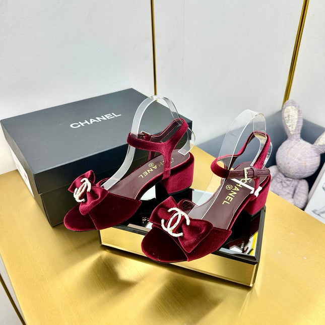 BOWKNOT RHINESTONES MID HEEL SANDAL IN GARNET RED VELVET