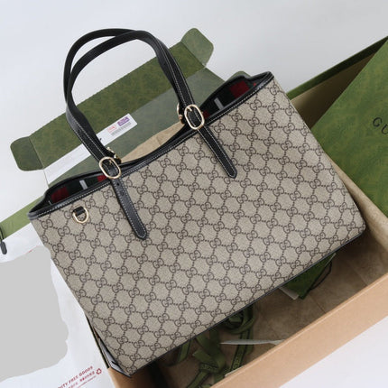 GUCCI 26S TOTE BAG 38 IN BEIGE CANVAS BLACK CALFSKIN TRIM