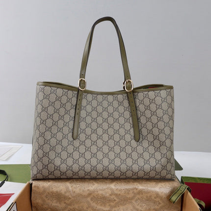 GUCCI 26S TOTE BAG 38 IN OLIVE GREEN CANVAS AND CALFSKIN TRIM