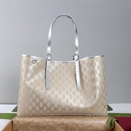 GUCCI 26S TOTE BAG 38 IN BEIGE CANVAS  METALLIC LEATHER TRIM