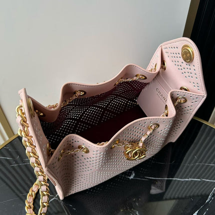 CHANEL 26S HOBO BAG 22 IN LIGHT PINK PERFORATED CALFSKIN GOLD HARDWARE