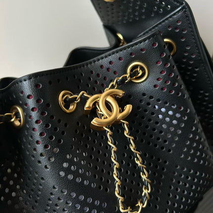 CHANEL 26S HOBO BAG 22 IN BLACK PERFORATED CALFSKIN GOLD HARDWARE