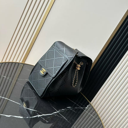 CHANEL 26S HOBO BAG MEDIUM 30 IN BLACK PERFORATED CALFSKIN GOLD HARDWARE