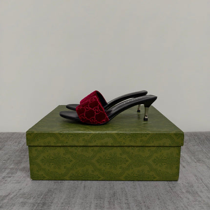 GUCCI 26S MULE SANDALS 55MM IN DARK RED VELVET GG EMBOSSED