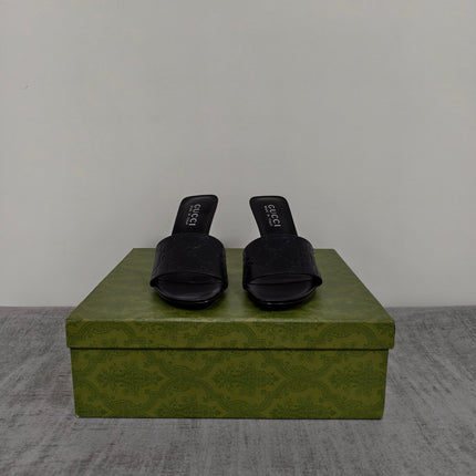 GUCCI 26S MULE SANDALS 85MM IN BLACK CALFSKIN GG EMBOSSED