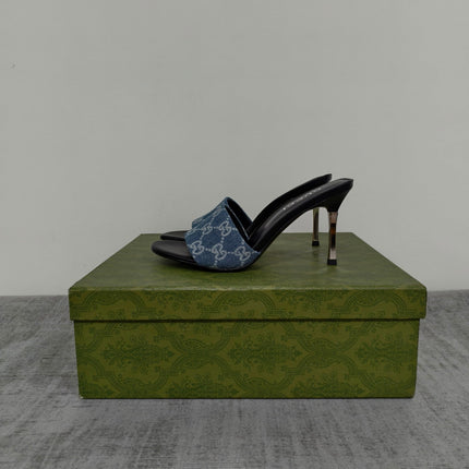 GUCCI 26S MULE SANDALS 85MM IN BLUE GG DENIM