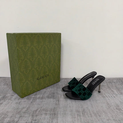 GUCCI 26S MULE SANDALS 85MM IN DARK GREEN VELVET GG EMBOSSED