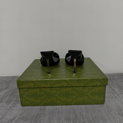 GUCCI 26S MULE SANDALS 85MM IN DARK GREEN VELVET GG EMBOSSED