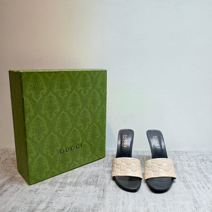 GUCCI 26S MULE SANDALS 110MM IN WHITE CALFSKIN GG EMBOSSED