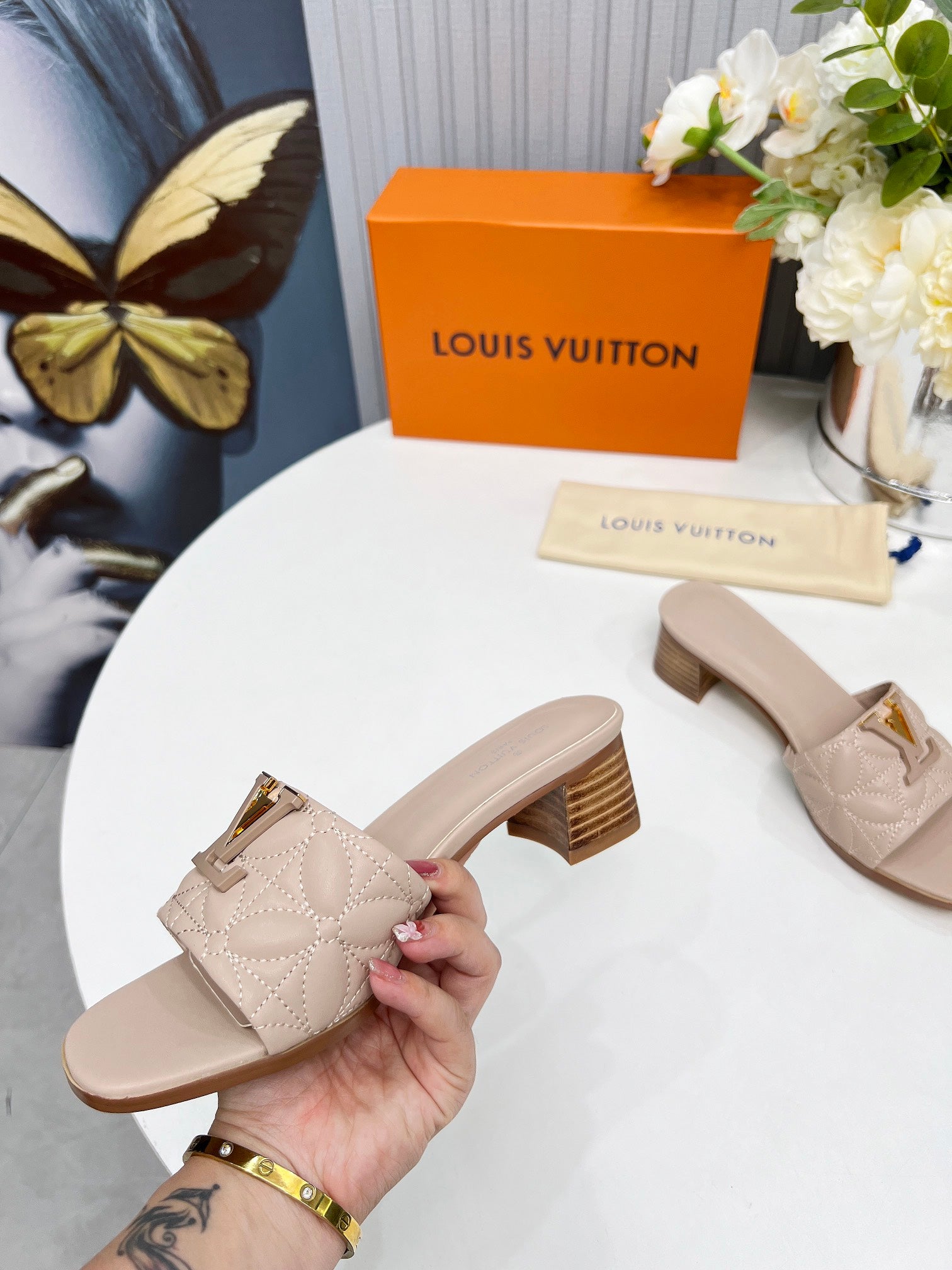 LV 26S MARE HIGH-HEELED MULE SANDALS IN DARK BEIGE CALFSKIN